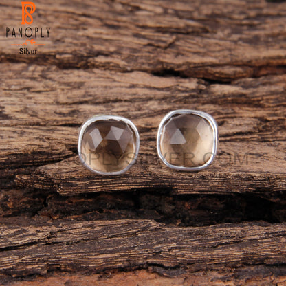 Smoky Quartz Cushion 925 Sterling Silver Stud Earrings