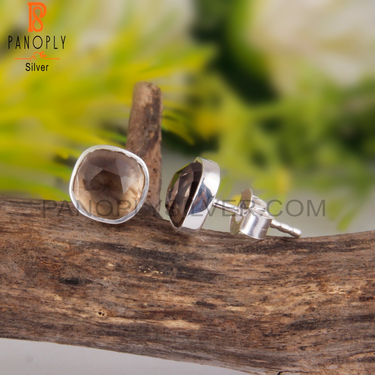 Smoky Quartz Cushion 925 Sterling Silver Stud Earrings