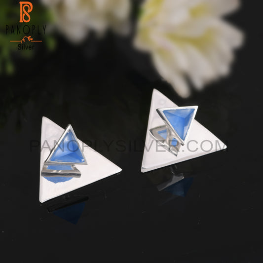 Blue Chalcedony Triangle Shape 925 Sterling Silver Earrings