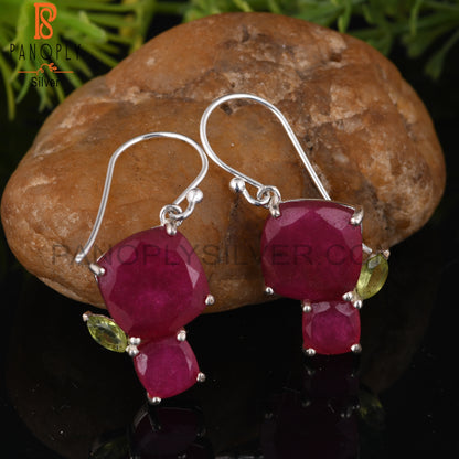 Designer Peridot & Ruby 925 Sterling Silver Earrings