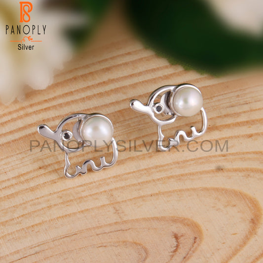 Pearl & Zircon Black 925 Sterling Silver Elephant Studs