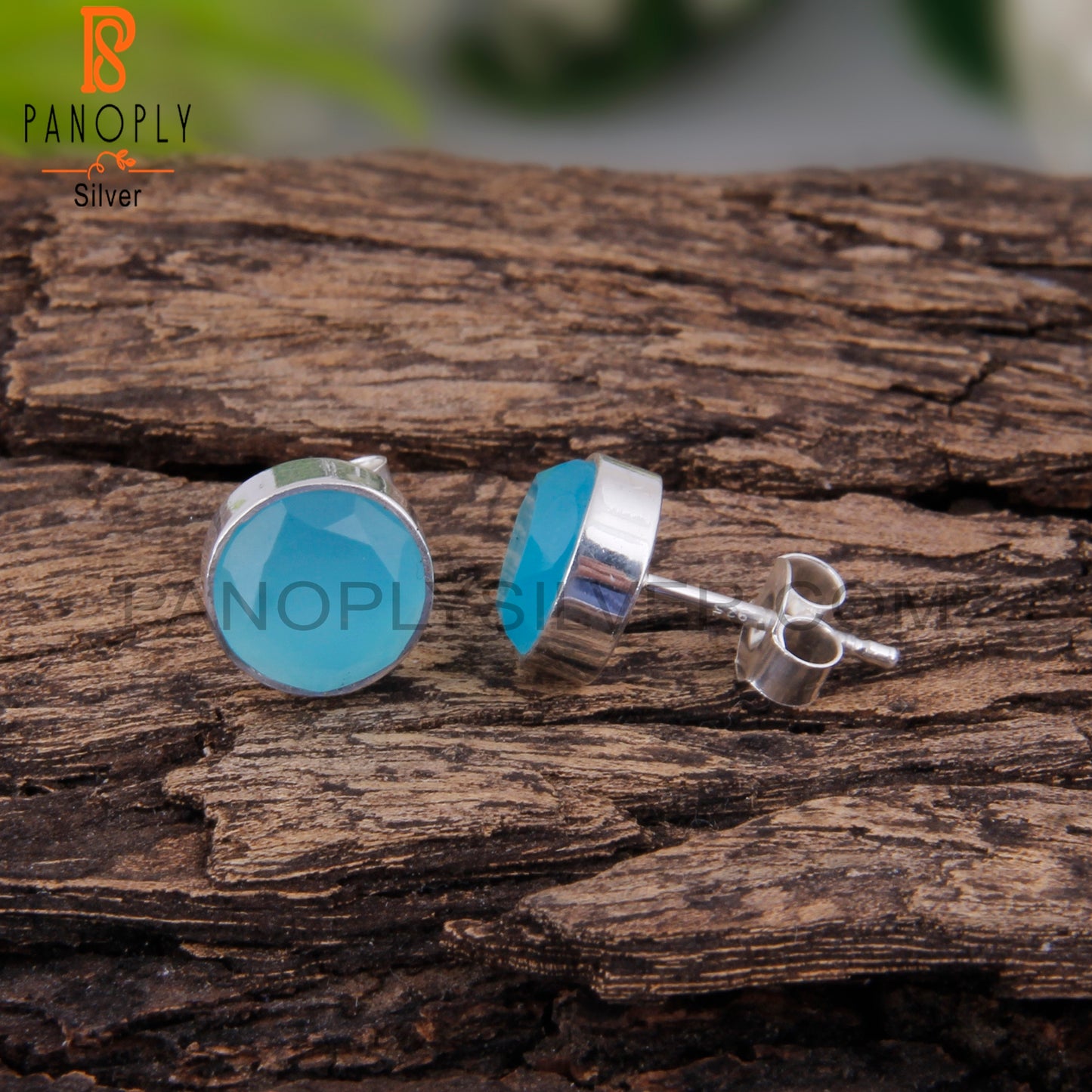 Beautiful Aqua Chalcedony Round 925 Silver Earrings