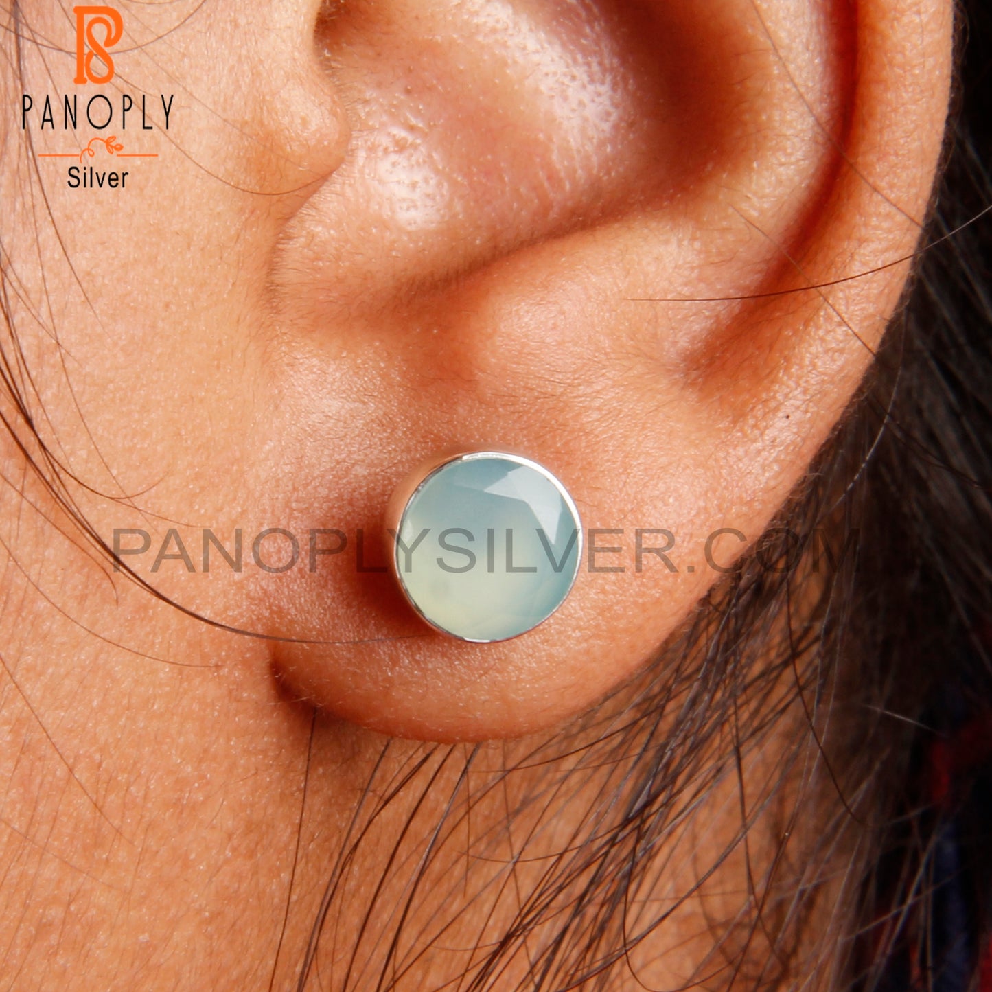 Beautiful Aqua Chalcedony Round 925 Silver Earrings