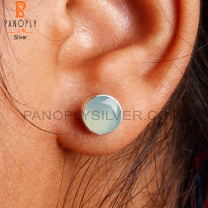 Beautiful Aqua Chalcedony Round 925 Silver Earrings