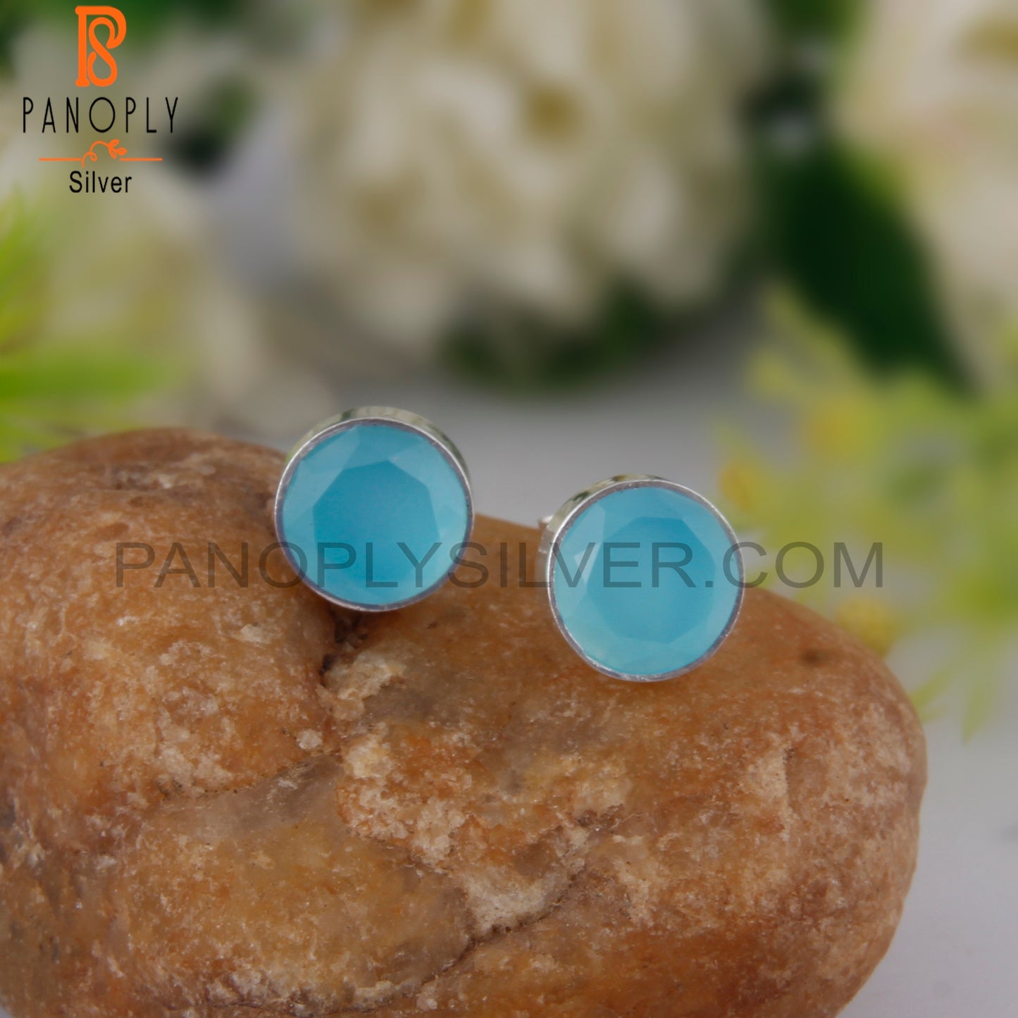 Beautiful Aqua Chalcedony Round 925 Silver Earrings