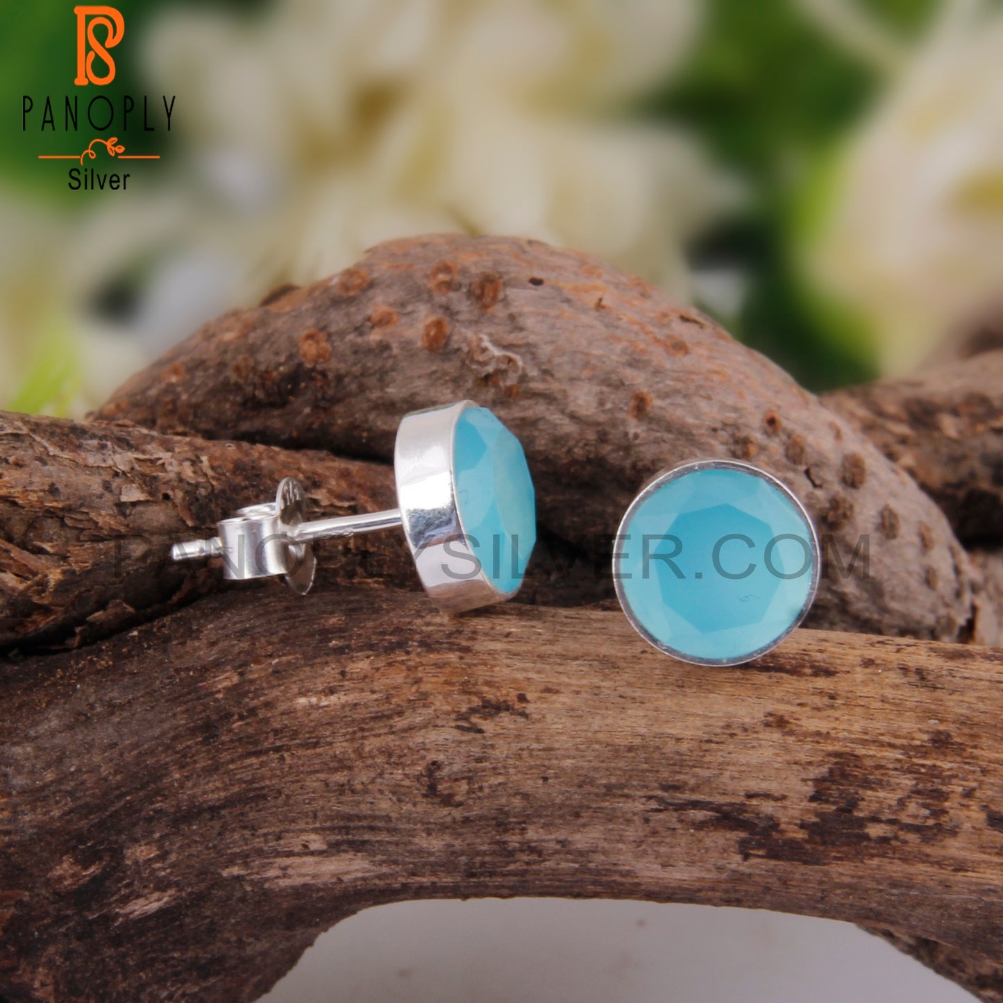 Beautiful Aqua Chalcedony Round 925 Silver Earrings
