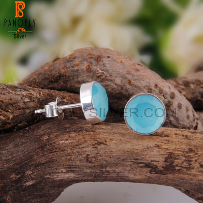 Beautiful Aqua Chalcedony Round 925 Silver Earrings