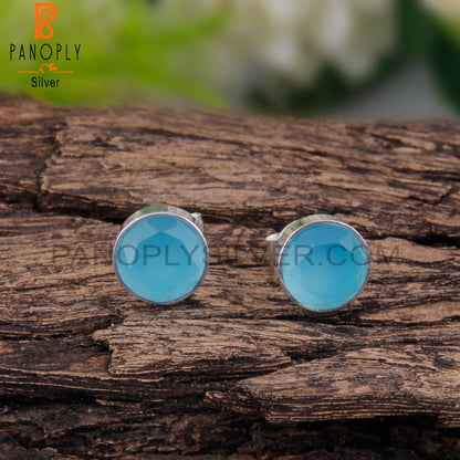 Beautiful Aqua Chalcedony Round 925 Silver Earrings