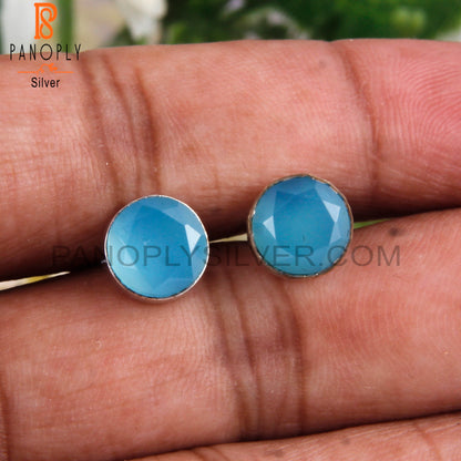 Blue Chalcedony Round Shape 925 Sterling Silver Studs Earrings
