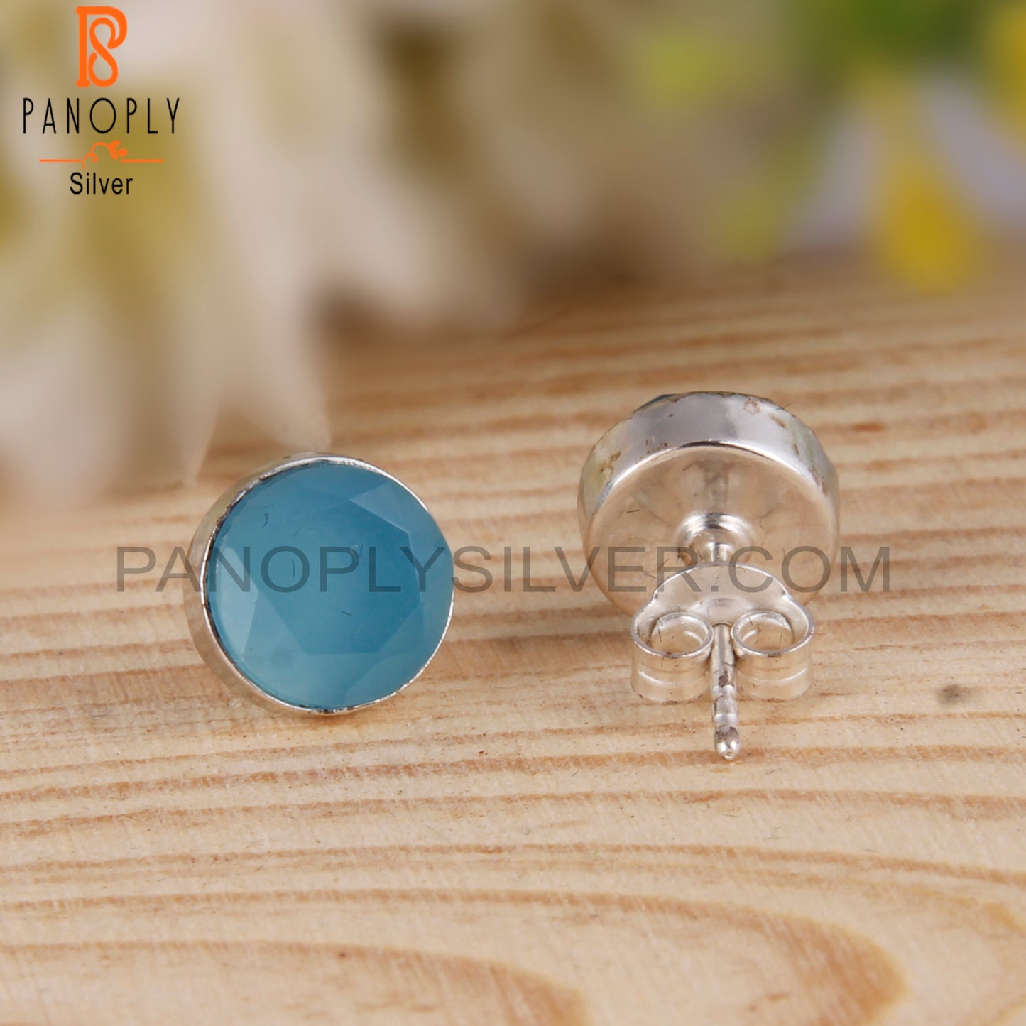 Blue Chalcedony Round Shape 925 Sterling Silver Studs Earrings