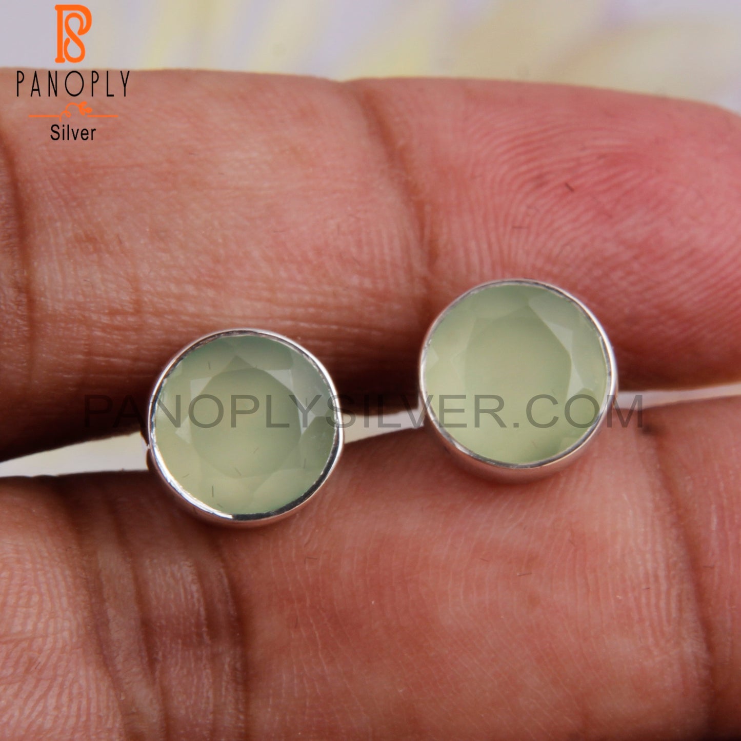 Prehnite Chalcedony Round 925 Sterling Silver Studs Earrings