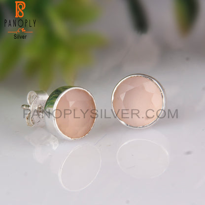 Rose Chalcedony Round Shape 925 Sterling Silver Studs Earrings