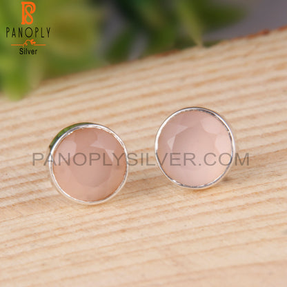 Rose Chalcedony Round Shape 925 Sterling Silver Studs Earrings