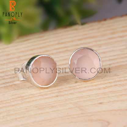 Rose Chalcedony Round Shape 925 Sterling Silver Studs Earrings