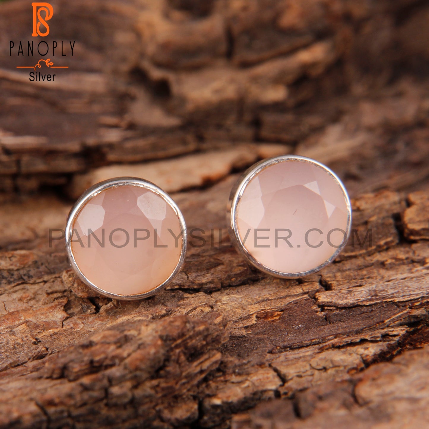Rose Chalcedony Round Shape 925 Sterling Silver Studs Earrings