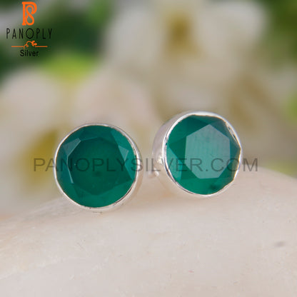 Green Onyx Round Shape 925 Sterling Silver Studs Earrings