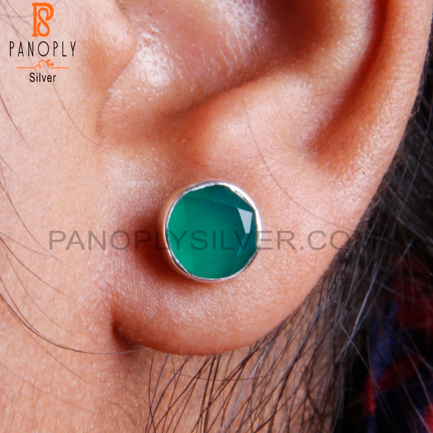 Green Onyx Round Shape 925 Sterling Silver Studs Earrings