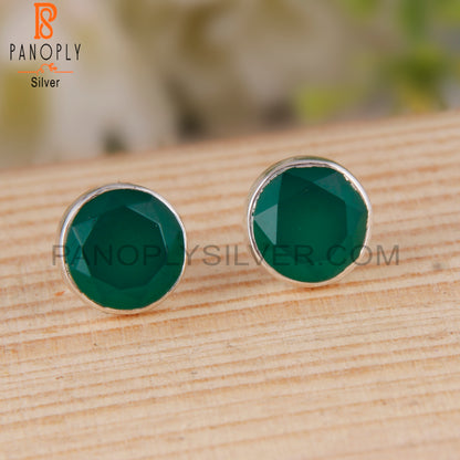 Green Onyx Round Shape 925 Sterling Silver Studs Earrings