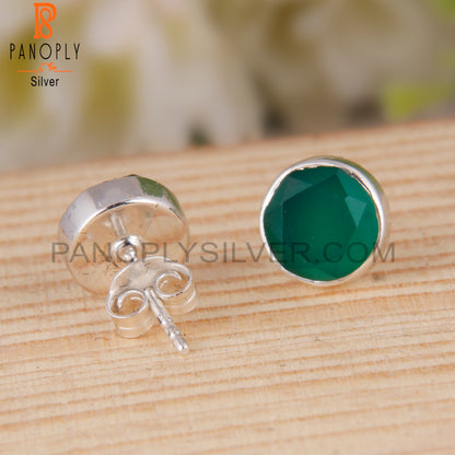 Green Onyx Round Shape 925 Sterling Silver Studs Earrings