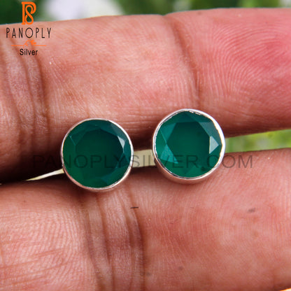 Green Onyx Round Shape 925 Sterling Silver Studs Earrings