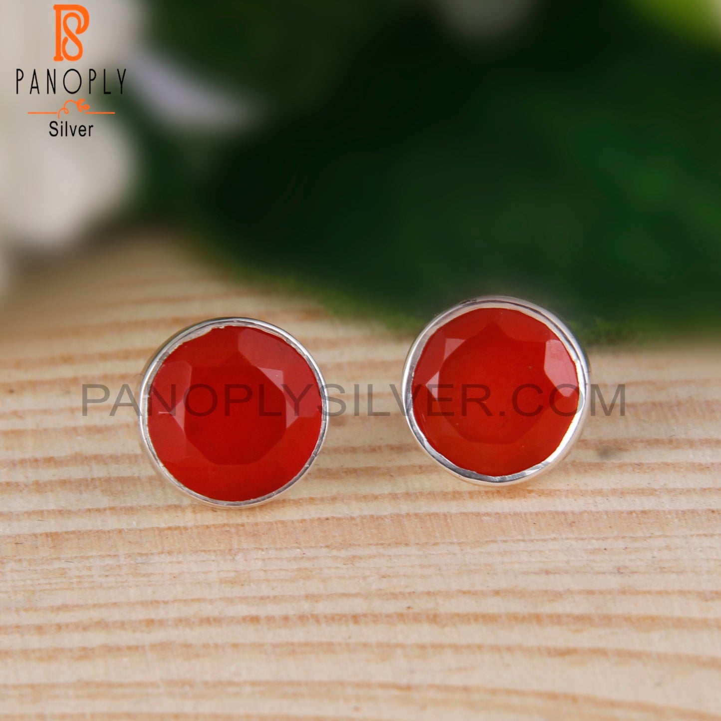 Red Onyx Round Shape 925 Sterling Silver Studs Earrings