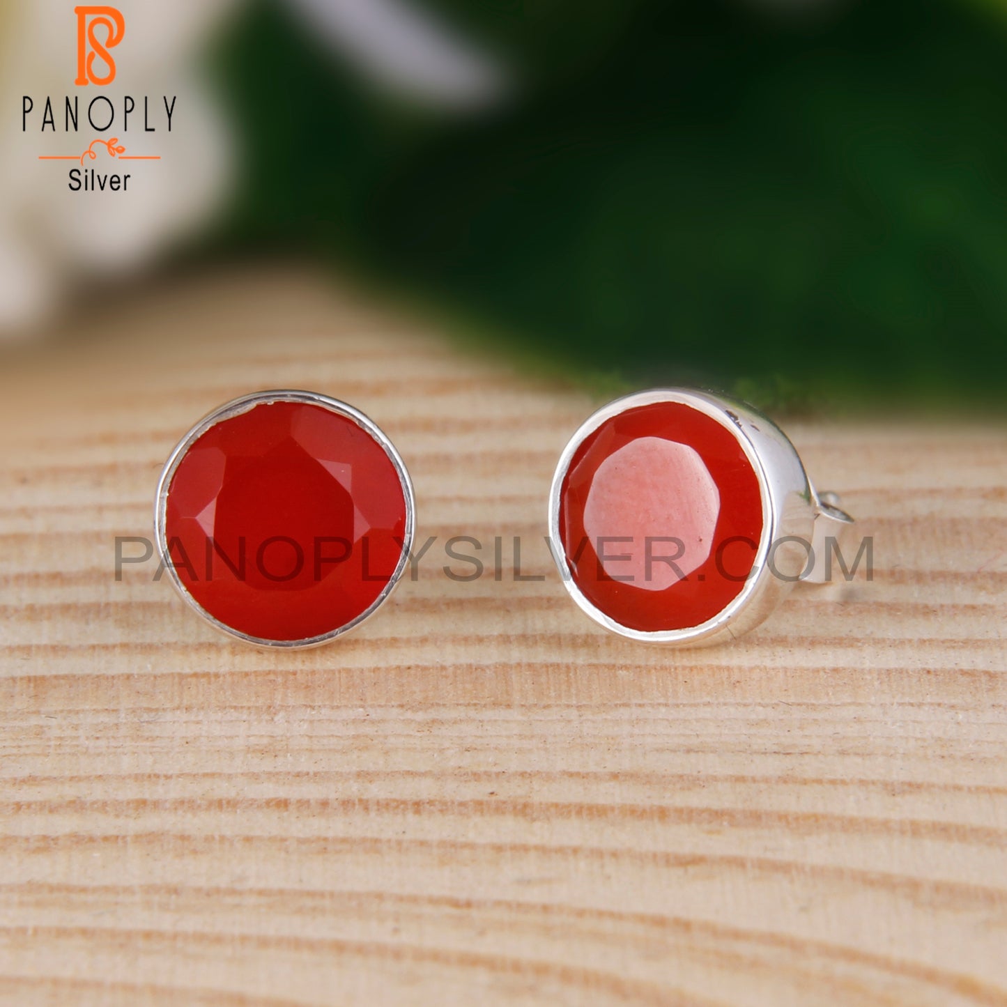 Red Onyx Round Shape 925 Sterling Silver Studs Earrings