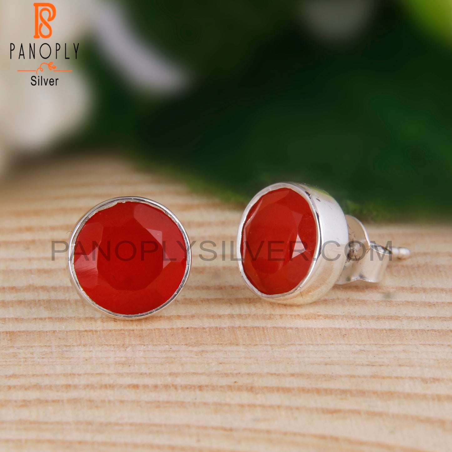 Red Onyx Round Shape 925 Sterling Silver Studs Earrings
