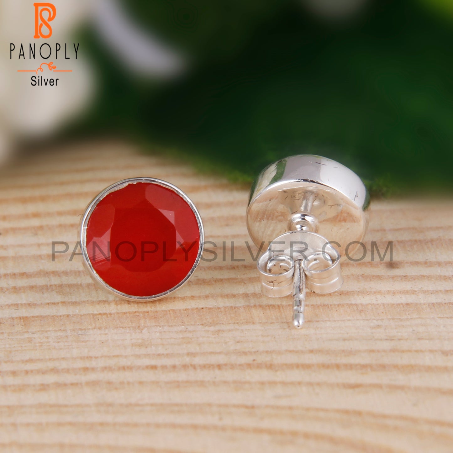 Red Onyx Round Shape 925 Sterling Silver Studs Earrings