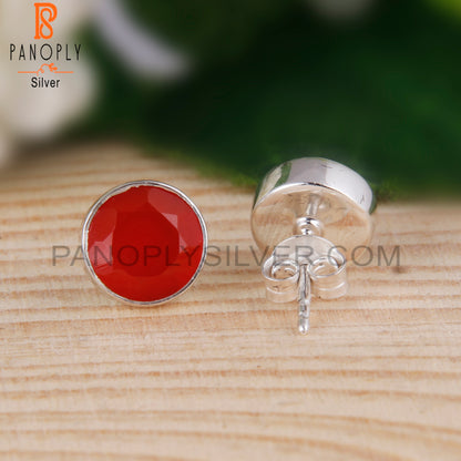 Red Onyx Round Shape 925 Sterling Silver Studs Earrings