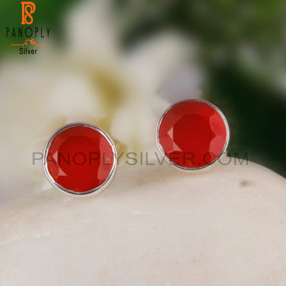 Red Onyx Round Shape 925 Sterling Silver Studs Earrings