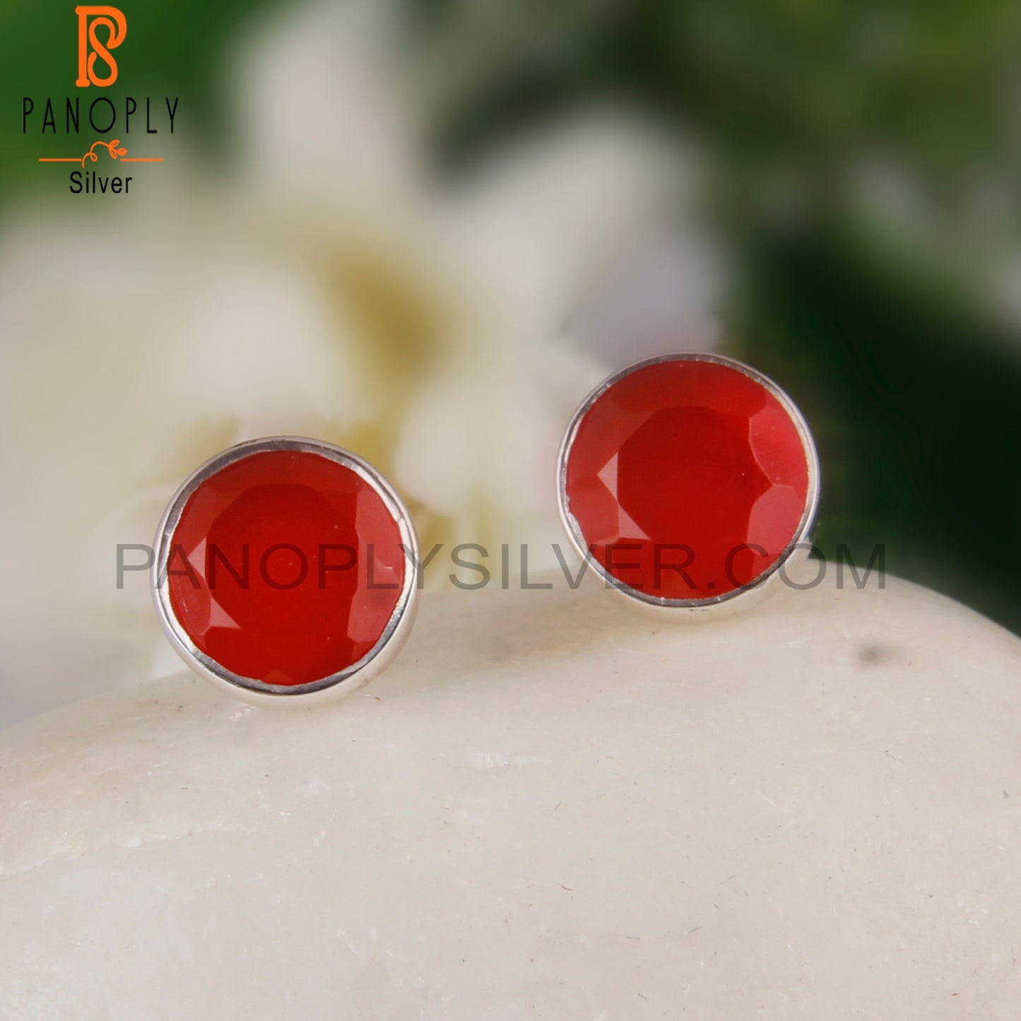 Red Onyx Round Shape 925 Sterling Silver Studs Earrings