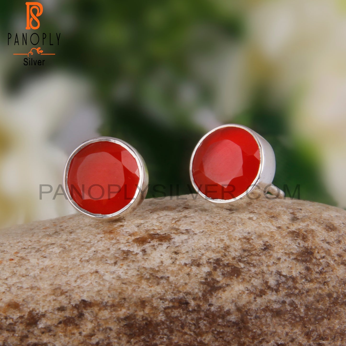 Red Onyx Round Shape 925 Sterling Silver Studs Earrings