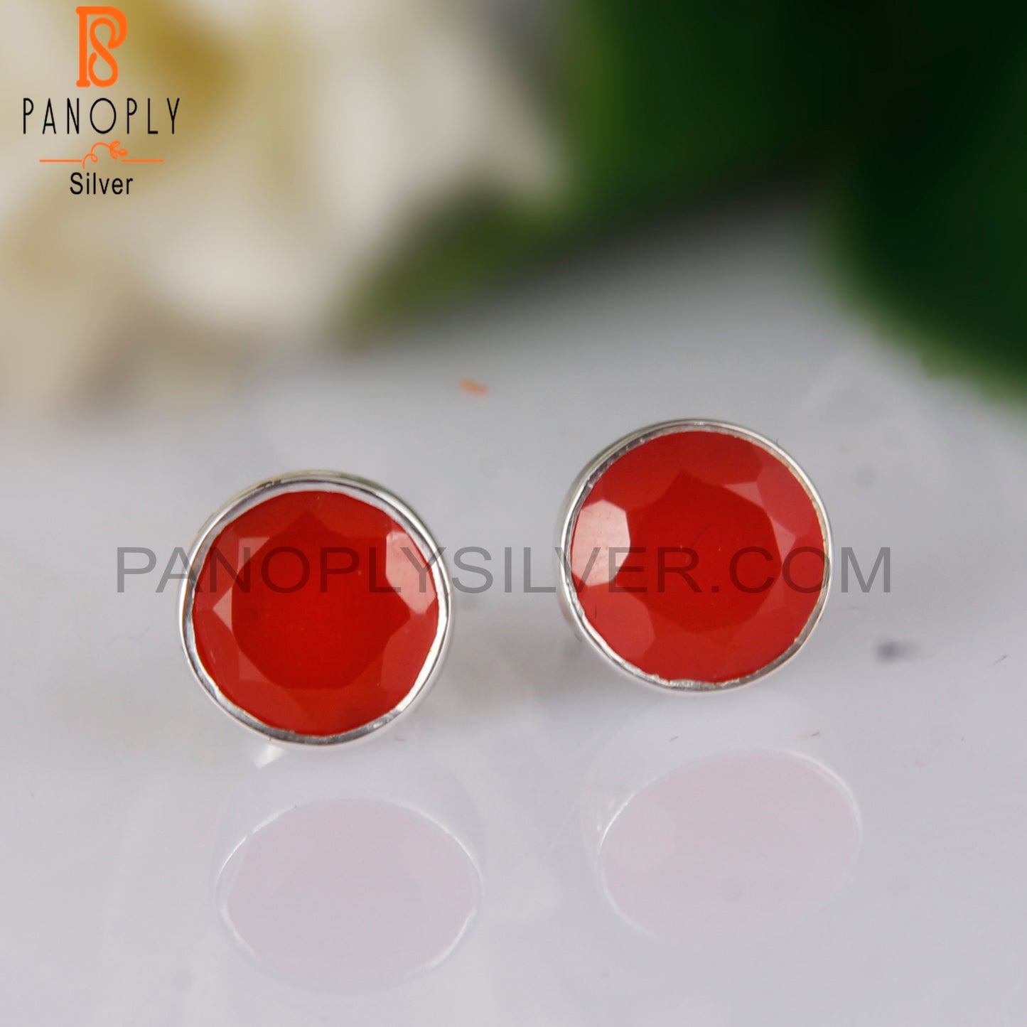 Red Onyx Round Shape 925 Sterling Silver Studs Earrings