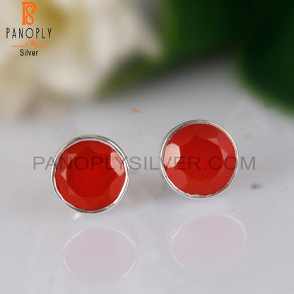 Red Onyx Round Shape 925 Sterling Silver Studs Earrings