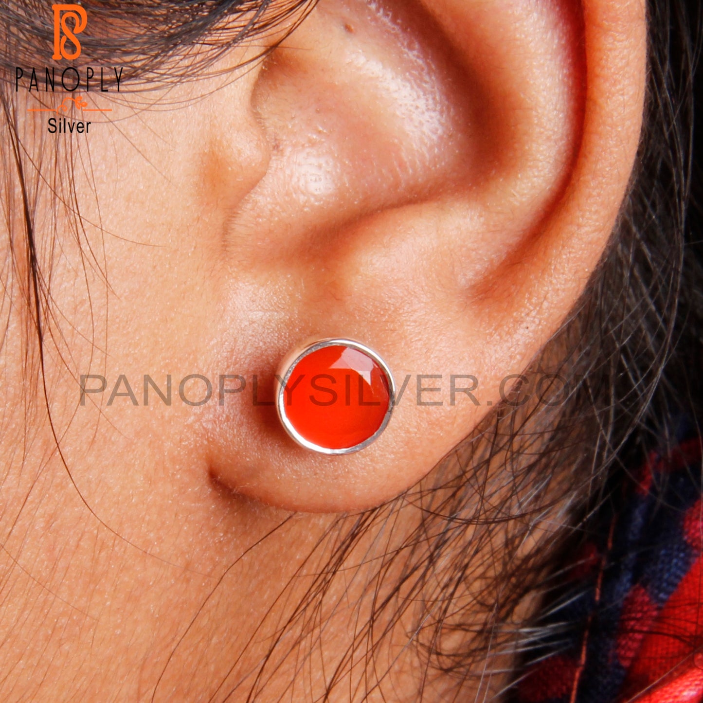 Red Onyx Round Shape 925 Sterling Silver Studs Earrings