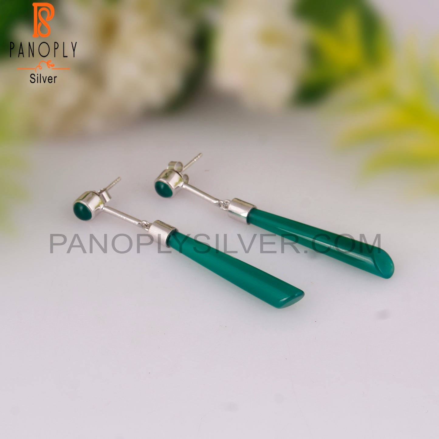 Green Onyx 925 Sterling Silver Long Earrings
