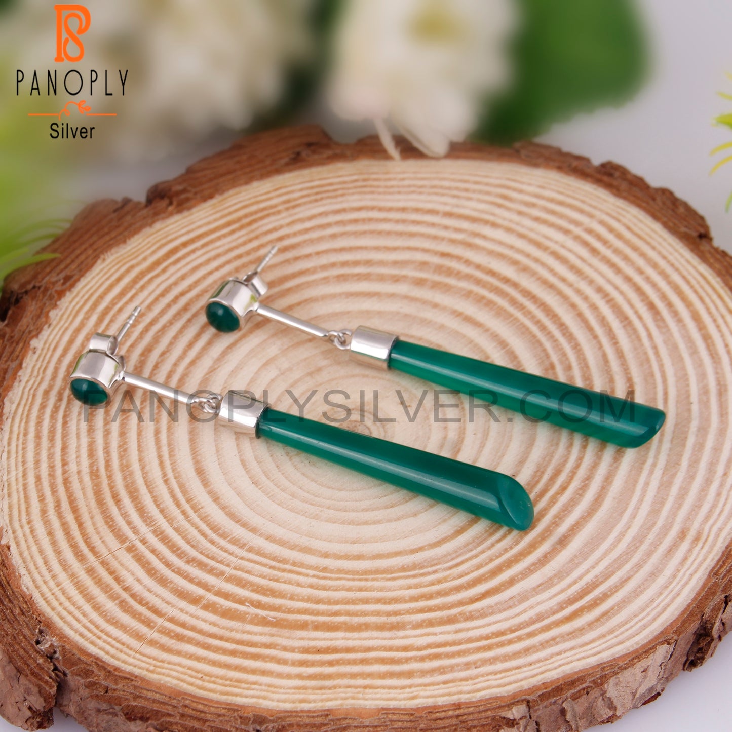 Green Onyx 925 Sterling Silver Long Earrings