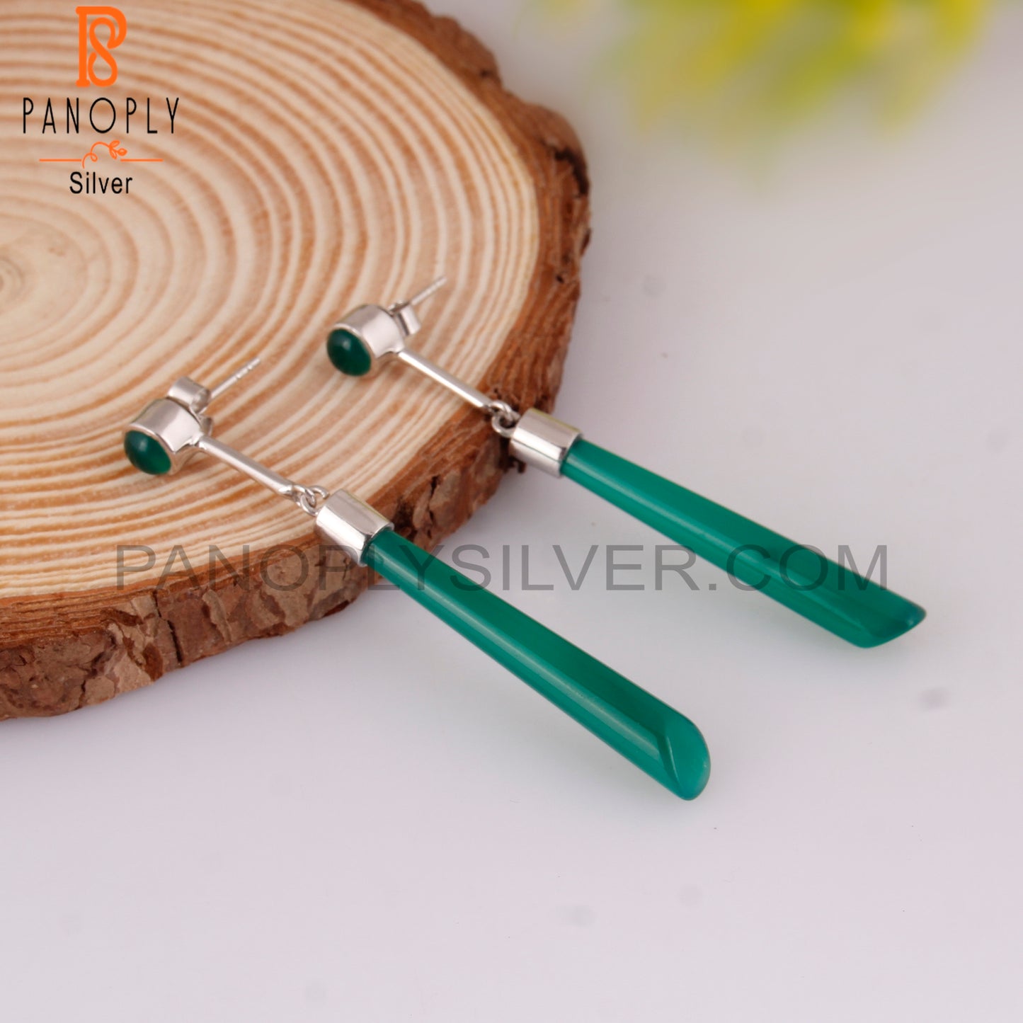 Green Onyx 925 Sterling Silver Long Earrings