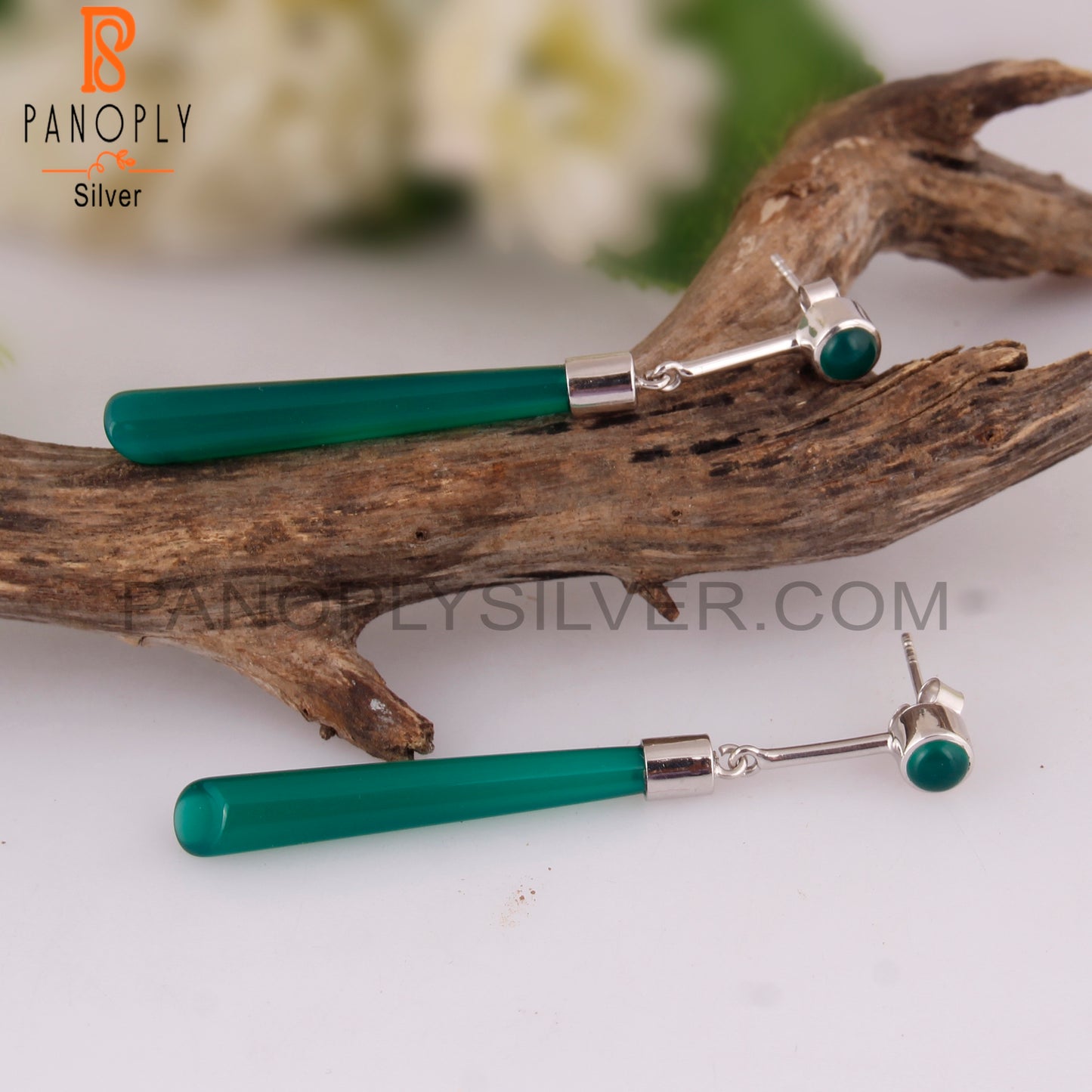 Green Onyx 925 Sterling Silver Long Earrings