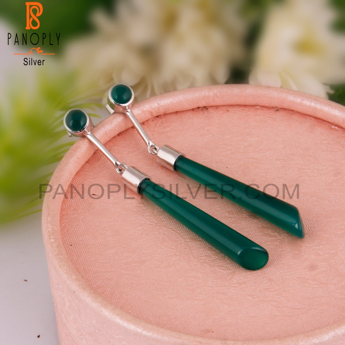 Green Onyx 925 Sterling Silver Long Earrings