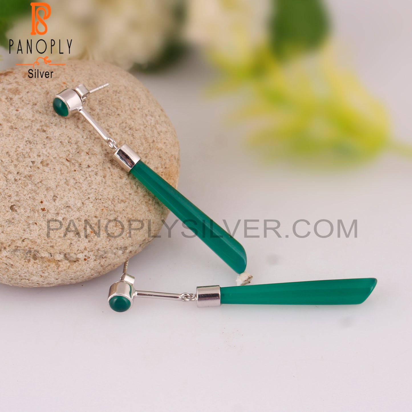 Green Onyx 925 Sterling Silver Long Earrings