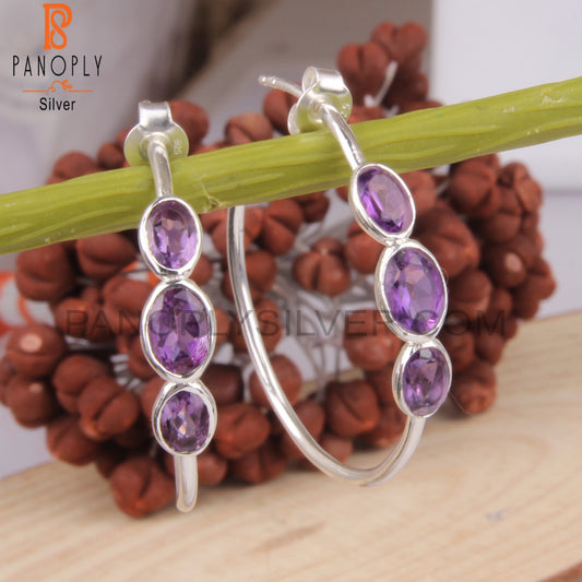 Amethyst Oval 925 Sterling Silver Hook Earrings