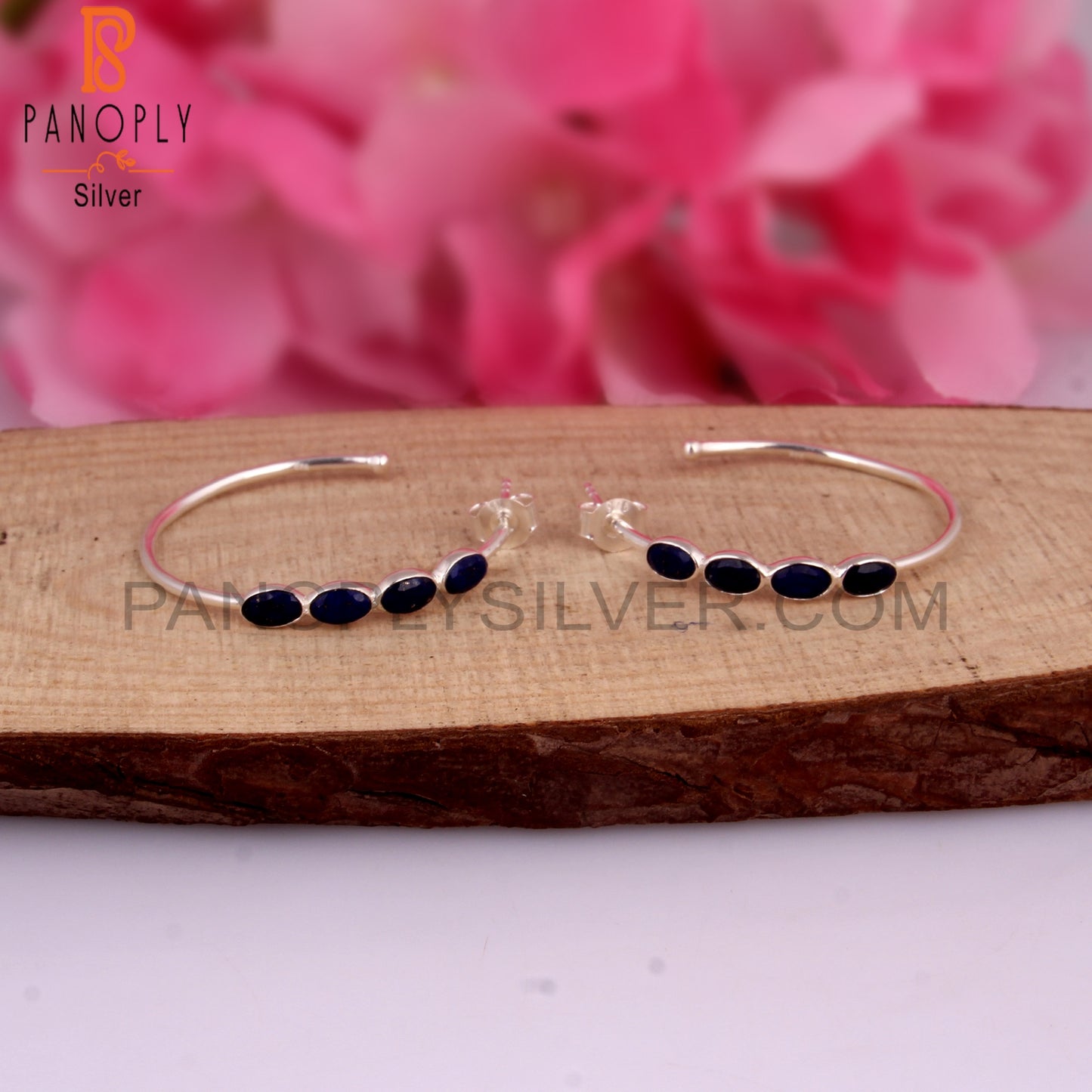 Lapis Round 925 Sterling Silver Hoop Earrings