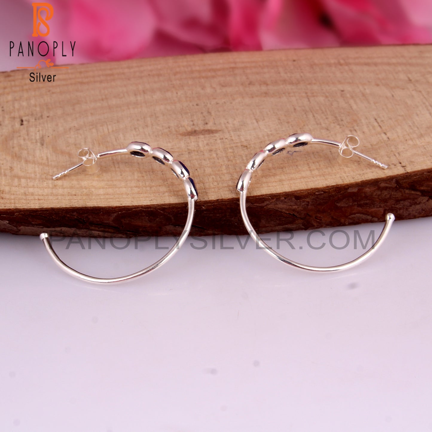 Lapis Round 925 Sterling Silver Hoop Earrings