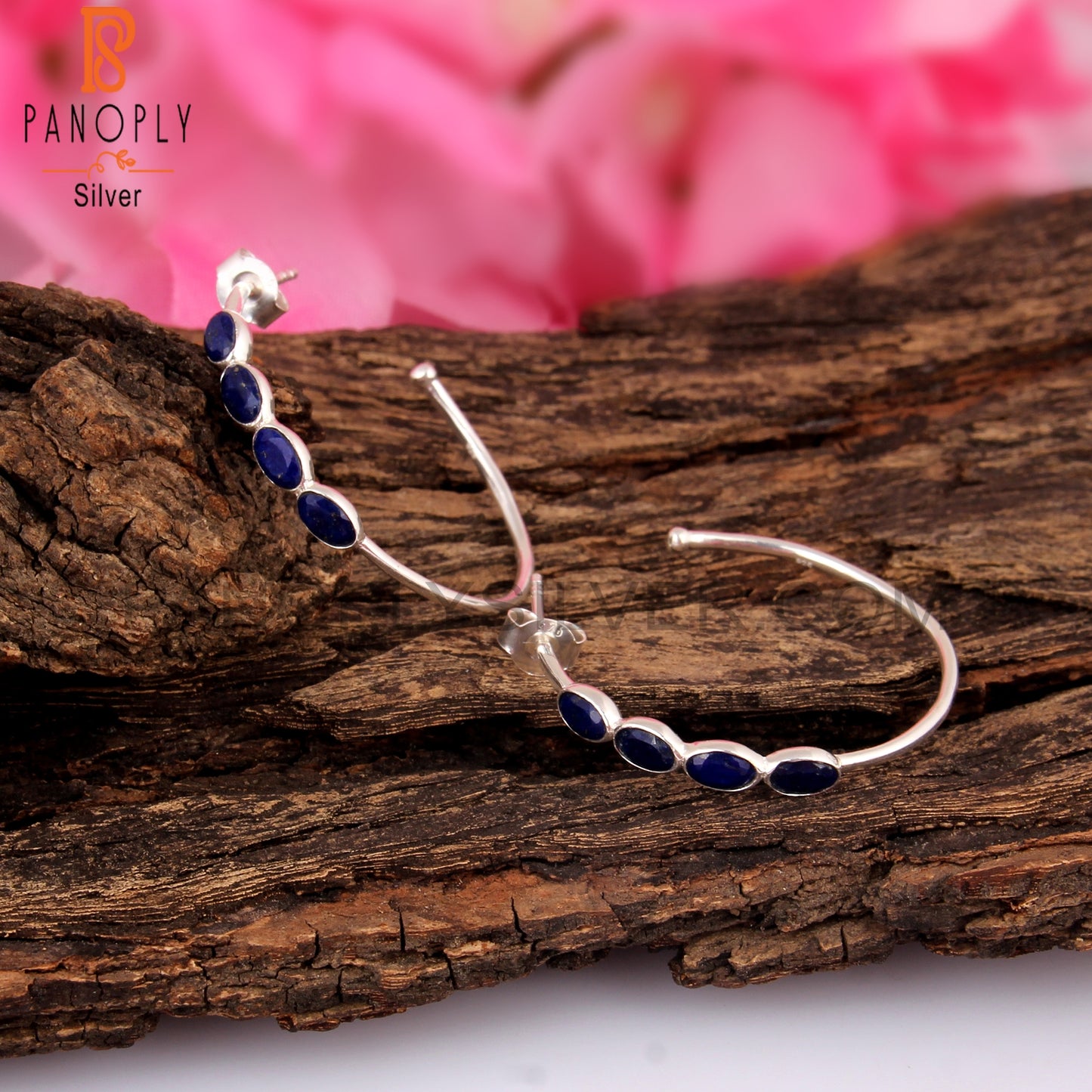 Lapis Round 925 Sterling Silver Hoop Earrings