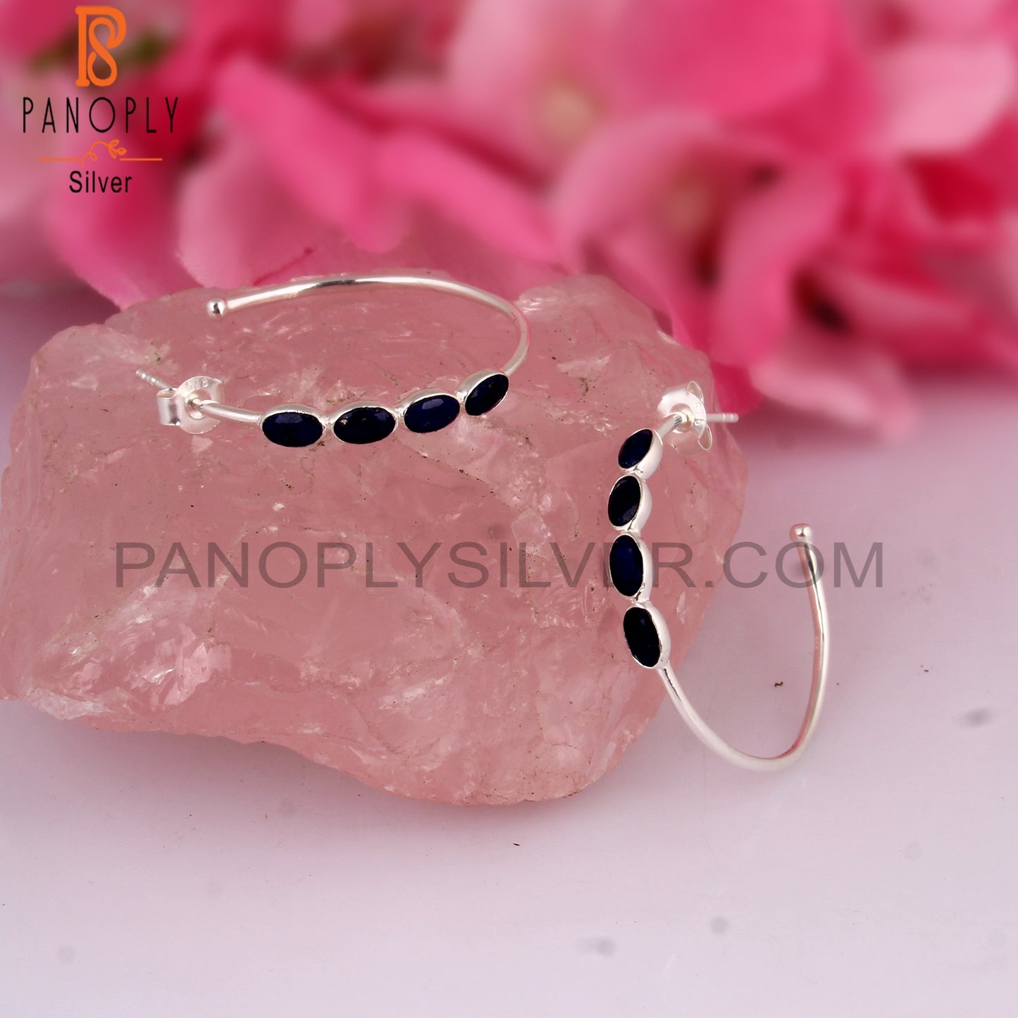 Lapis Round 925 Sterling Silver Hoop Earrings