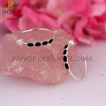 Lapis Round 925 Sterling Silver Hoop Earrings