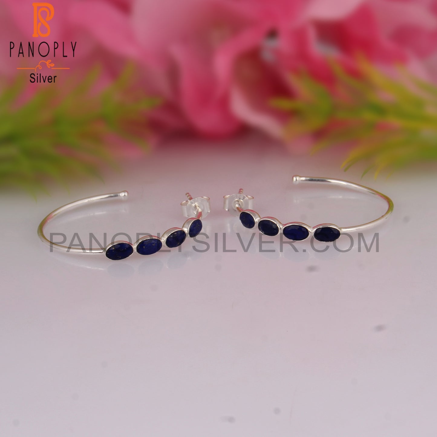Lapis Round 925 Sterling Silver Hoop Earrings