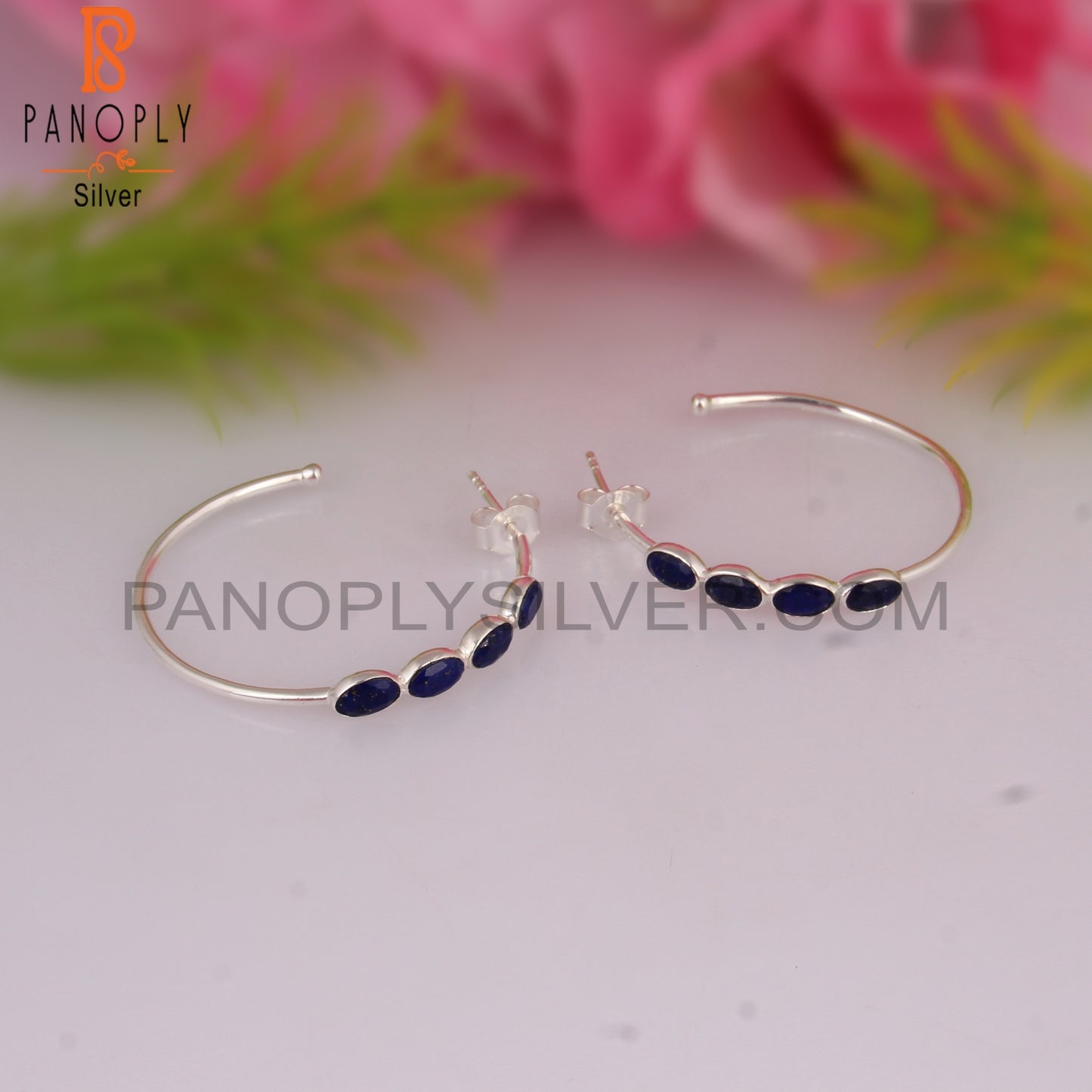 Lapis Round 925 Sterling Silver Hoop Earrings