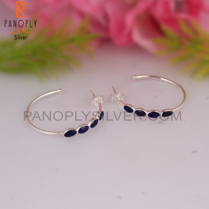 Lapis Round 925 Sterling Silver Hoop Earrings